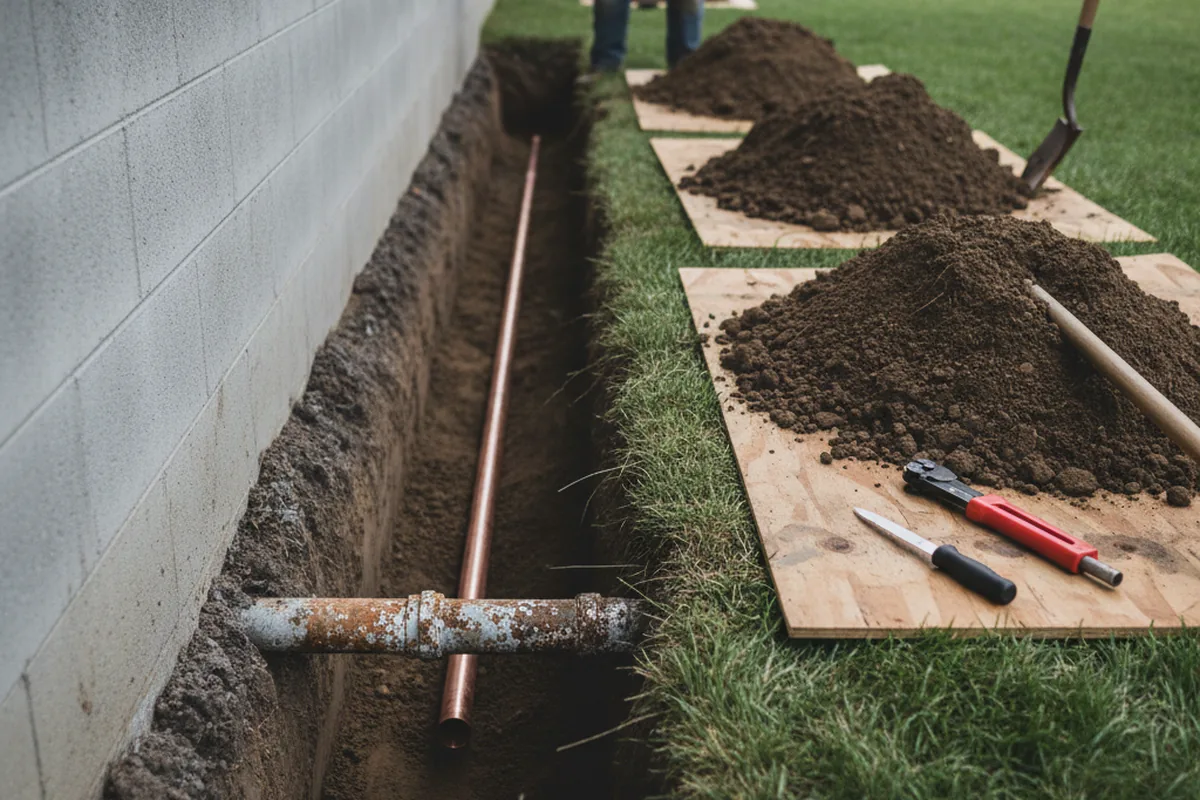 Excavated water line trench during Water Softener Installation in Newmarket